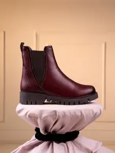 ID Women Textured Cherry Casual Block-Heeled Boots