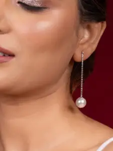 Niscka Silver-Plated Artificial Stones Studded Contemporary Shaped Drop Earrings