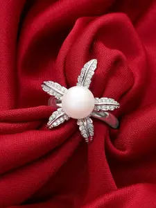 DIAVO 925 Sterling Silver Lily Bloom Rhodium-Plated Pearl Studded Finger Ring