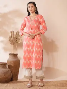 FASHOR Floral Printed Pure Cotton Round Neck Straight Kurta