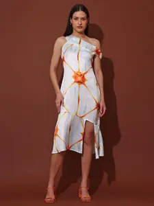 PURVAJA Printed Asymmetric Neck Satin Bodycon Midi Dress