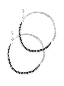 Paavni Set Of 2 92.5 Sterling Silver Rhodium Plated Artificial Beaded Nazariya Anklets