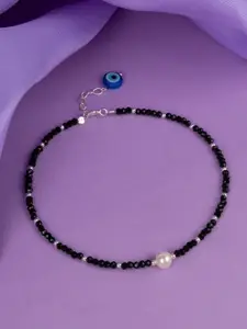 RACHIVA 925 Sterling Silver Beaded Rhodium-Plated Evil Eye Anklet