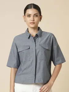 Chemistry Women Oversized Fit Spread Collar Solid Cotton Casual Shirt