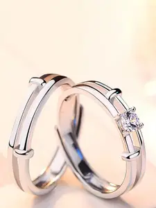 DressBerry Set Of 2 Silver Plated AD Stone Studded Stainless Steel Adjustable Couple Rings