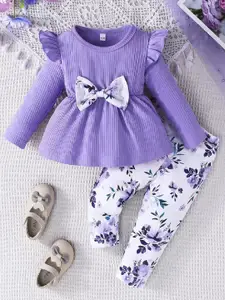 Xsole Girls Striped Round Neck Bow-Detail Top & Trouser