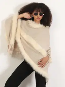 SHOWOFF Women Poncho with Fuzzy Detail