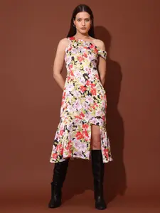 PURVAJA Printed Asymmetric Neck Satin Bodycon Midi Dress