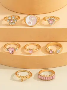 DressBerry Set of 8 Gold Plated Artificial Stone Studded Stainless Steel Finger Rings