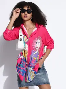 SHOWOFF Women Comfort Oversized Fit Spread Collar Graphic Printed Cotton Casual Shirt