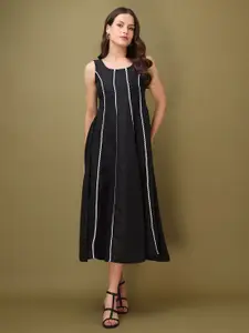 PURVAJA Solid Round Neck Cotton Fit & Flare Midi Dress