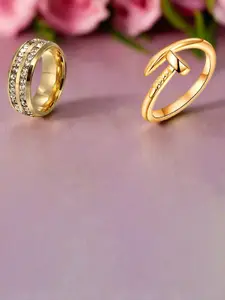 DressBerry Set of 2 Gold Plated Cubic Zircon Studded Stainless Steel Couple Finger Ring