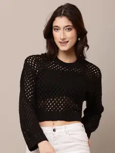 NoBarr Women Self Design Open Knit Crop Pullover Sweaters