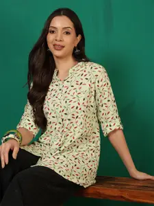 Sangria Women Floral Printed Mandarin Collar Neck Top