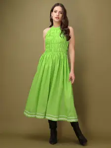 PURVAJA Solid Halter Neck Cotton Fit & Flare Midi Dress