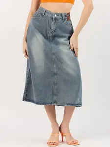 Outzidr Women Solid Blue Denim Skirt