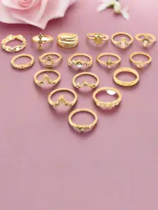 DressBerry Set Of 17 Stainless Steel Gold-Plated Stones Studded Stacking Finger Rings