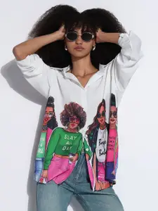 SHOWOFF Women Comfort Oversized Fit Spread Collar Graphic Printed Cotton Casual Shirt