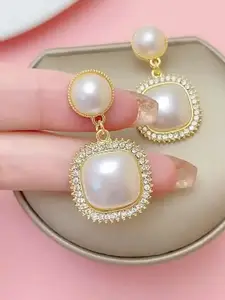 Celestique Gold-Plated Pearls Studded Geometric Shaped Korean Drop Earrings