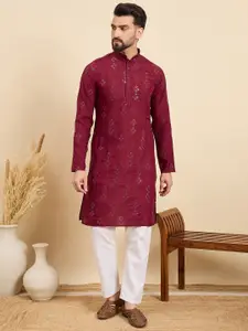 House of Pataudi Geometric Sequinned Mandarin Collar Chanderi Silk Straight Kurta