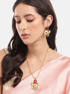 MANSIYAORANGE Gold Plated Faux Ruby & Pearl Studded Necklace and Earrings Set