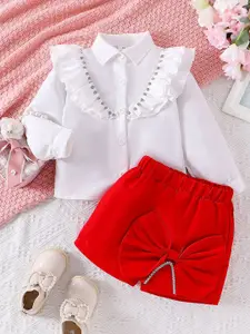 Xsole Girls Embellished Shirt Collar Top With Shorts