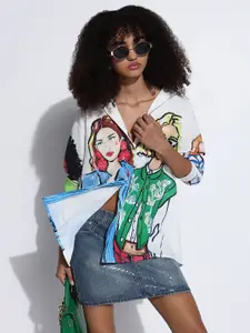 SHOWOFF Women Comfort Oversized Fit Spread Collar Graphic Printed Cotton Casual Shirt