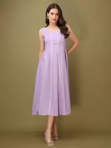 PURVAJA Solid Round Neck Cotton Fit & Flare Midi Dress