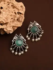 Anvik Silver-Plated Artificial Stones Studded And Beaded Peacock Shaped Studs