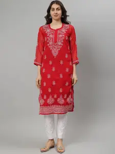 Seva Chikan Ethnic Motifs Embroidered Notch Neck Chikankari Straight Kurta