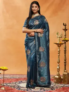 Kasee Floral Embroidered Beads and Stones Saree With Unstitched Blouse Piece