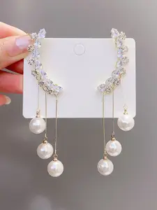 KRENOZ Korean Gold-Plated Stones Studded & Pearls Beaded Contemporary Tasselled Ear Cuff