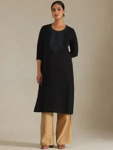 Soch Striped Embroidered Thread Work Round Neck Pure Cotton Straight Kurta