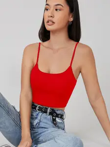 AAHWAN Women Red Scoop Neck Sleeveless Crop Top