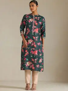 Soch Floral Printed Sequinned Mandarin Collar Muslin Straight Kurta