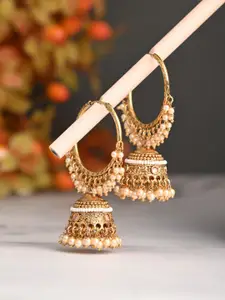 Anvik Gold-Plated Artificial Stones Studded And Beaded Dome Shaped Hoop Earring