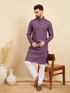 House of Pataudi Geometric Sequinned Mandarin Collar Chanderi Silk Straight Kurta