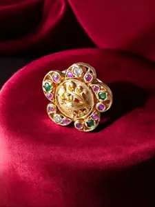 Pihtara Jewels Gold-Plated & Stone-Studded Adjustable Finger Ring