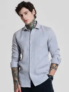 Snitch Men Classic Slim Fit Spread Collar Solid Linen Casual Shirt