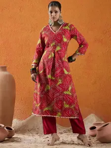 Indo Era Bandhani Printed V Neck Gotta Patti Pure Cotton Straight Kurta