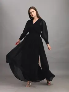 Raiyani Fashion Women V-Neck Puff Sleeves Maxi Fit & Flare Dress