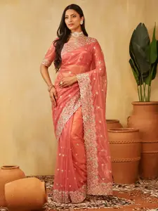 kasee Floral Embroidered Supernet Saree With Blouse Piece