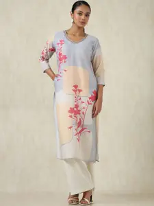 Soch Floral Botanical Printed V-Neck Thread Work Muslin Straight Kurta