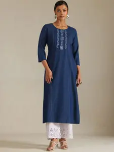 Soch Geometric Embroidered Thread Work Round Neck Straight Denim Kurta