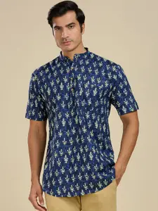 RAJUBHAI HARGOVINDAS Floral Printed Band Collar Cotton Straight Kurta