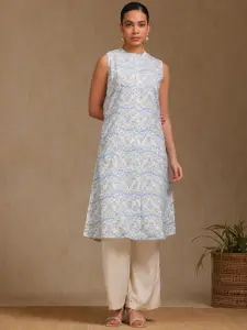 Soch Floral Printed Mandarin Collar Linen Ikat Print A-Line Kurta