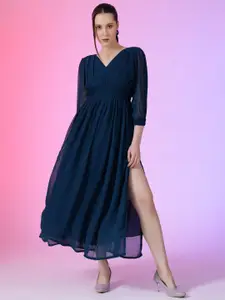 Raiyani Fashion V-Neck Bishop Sleeves Georgette Fit & Flare Midi Dress With Slits