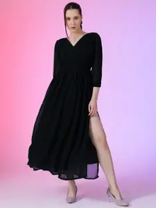 Raiyani Fashion V-Neck Bishop Sleeves GeorgetteFit and Flare Maxi Dress With Slits