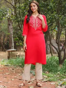 SAVI Floral Yoke Design Notch Neck Thread Work Straight Kurta