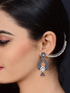 DIVASTRI Rhodium-Plated Artificial Stones Studded And Beaded Contemporary Drop Earrings